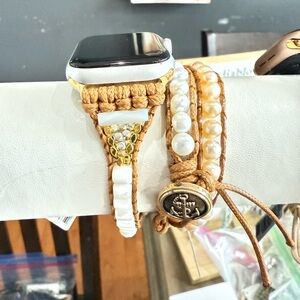 Apple Watch Band Beaded Tan and White Watch Band